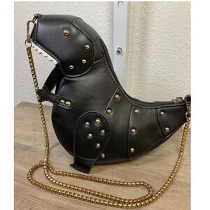 T-Rex Dinosaur Crossbody Bag with Gold Chain – Black Studded Novelty Purse